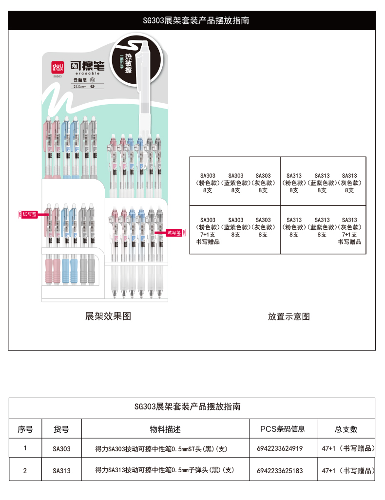 尊龙凯时SG303可擦中性笔展架套装(2套/箱)0.5mmST头/子弹头(黑)(套)