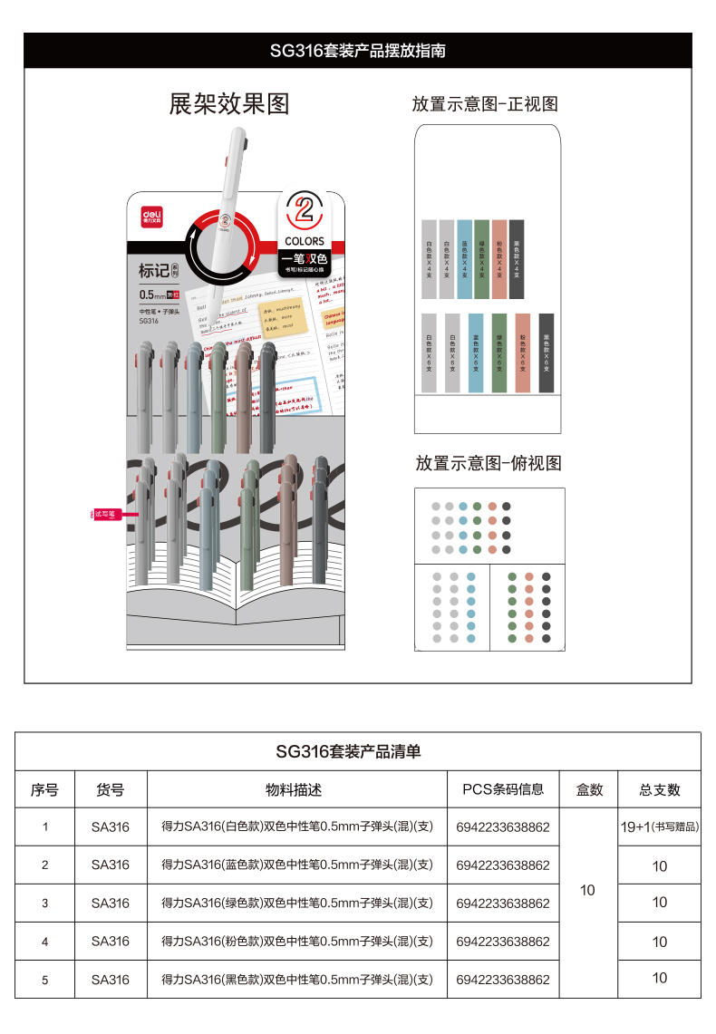 尊龙凯时SG316双色中性笔套装0.5mm子弹头(混)(2套/件)