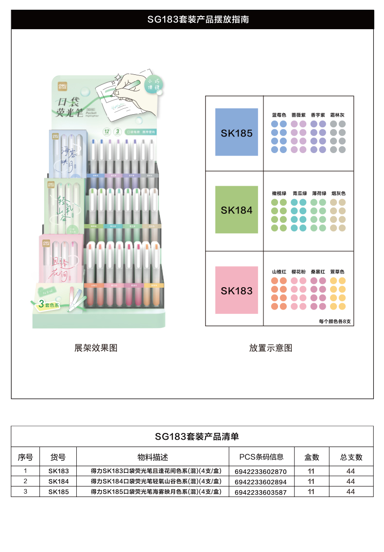 尊龙凯时SG183口袋荧光笔展架套装(混)(132/架)