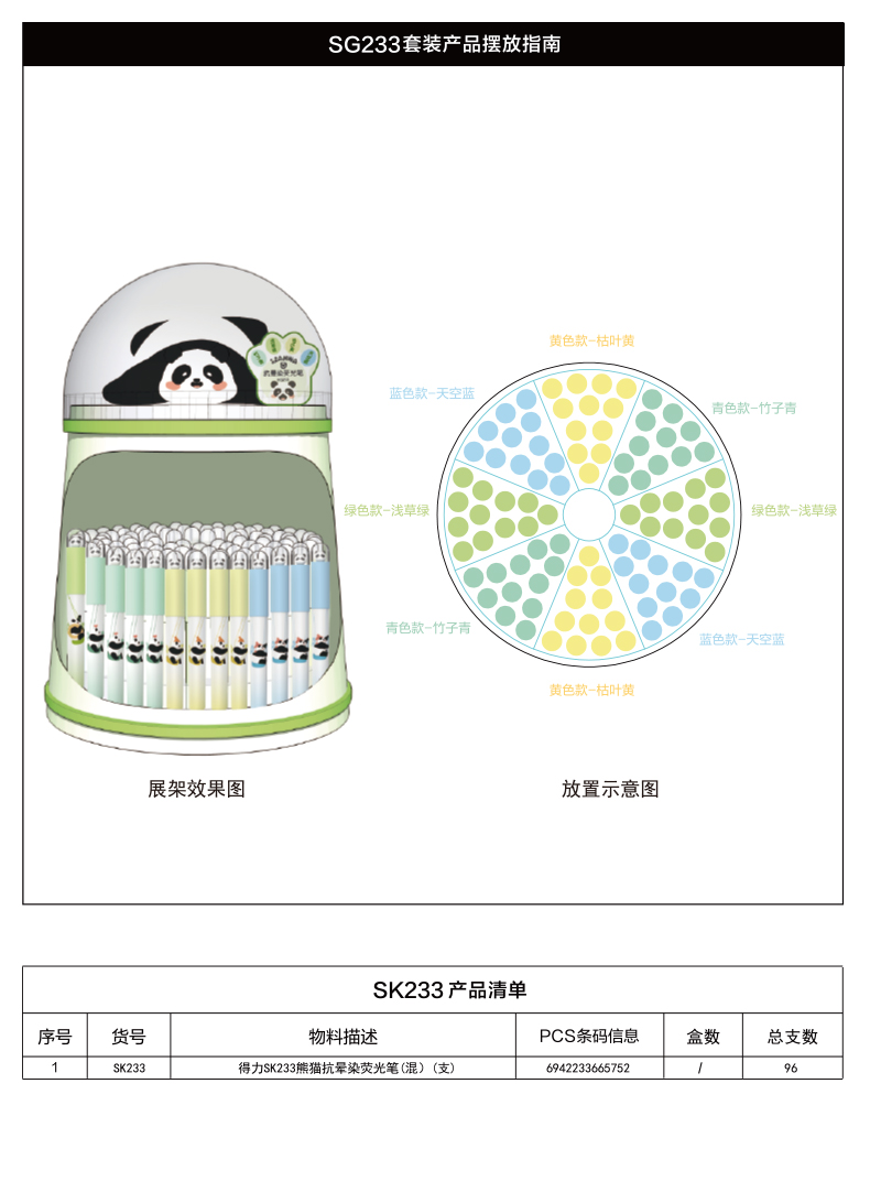 尊龙凯时SG233熊猫抗晕染荧光笔展架套装(混)(96/架)